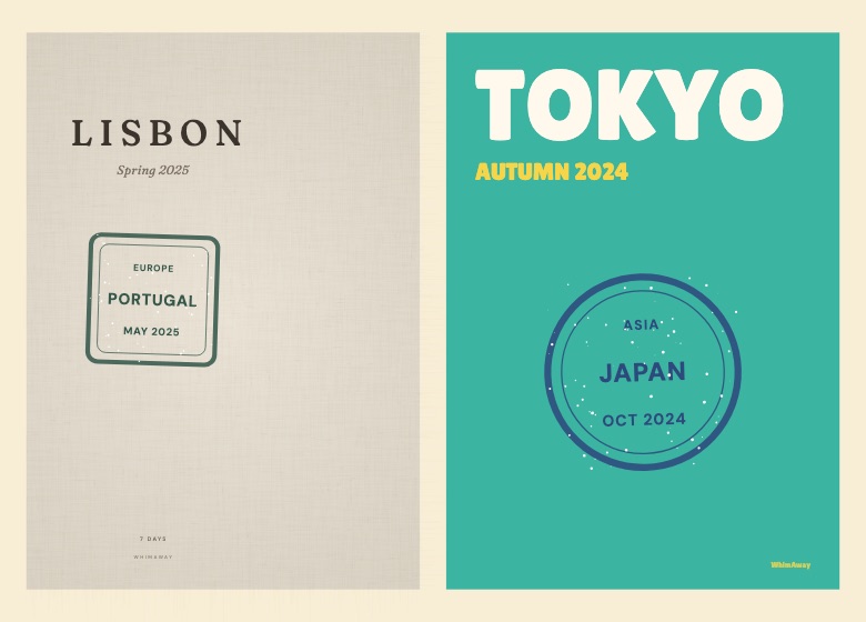 Two travel book covers from the sample trips: a linen cover reading Lisbon with a Portugal stamp, and a bold teal cover reading Tokyo with a Japan stamp.