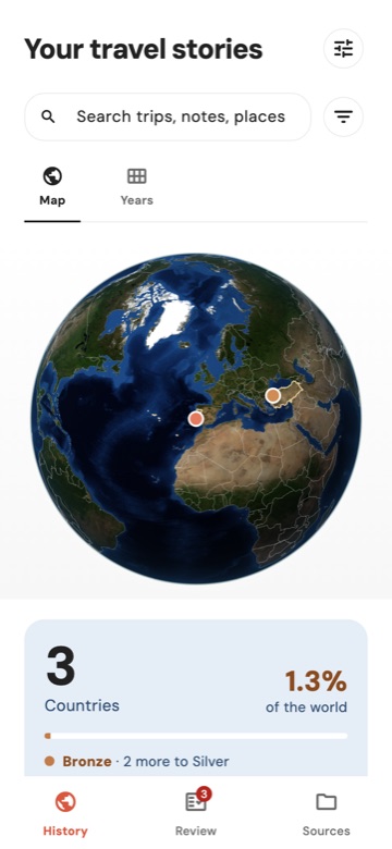 WhimAway's History screen: a globe with two countries marked, and a card showing 3 countries, 1.3 percent of the world, and the Bronze rank.