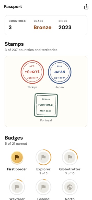 WhimAway's Passport: round and square stamps for Türkiye, Japan and Portugal, and a shelf of badges below.