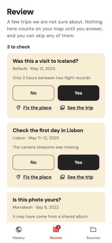 WhimAway's Review screen: a question card reading Was this a visit to Iceland, with No and Yes buttons, and two more questions below.