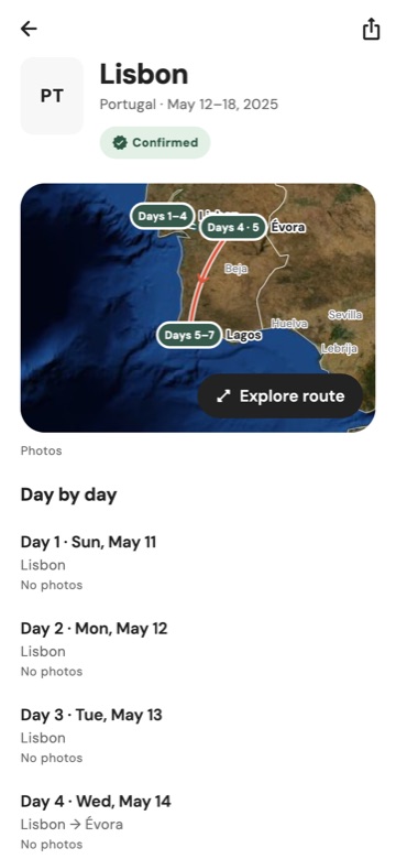 A WhimAway trip page: a satellite route map across Portugal with the stops labelled by day, and a day-by-day list below.